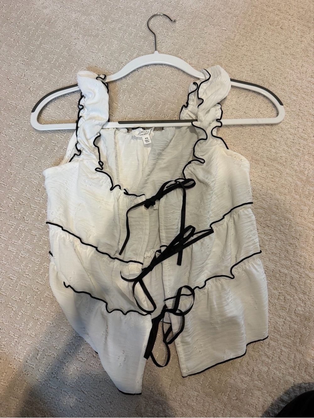 White Ruffle-Trim Tie-Front Camisole with Black Piping